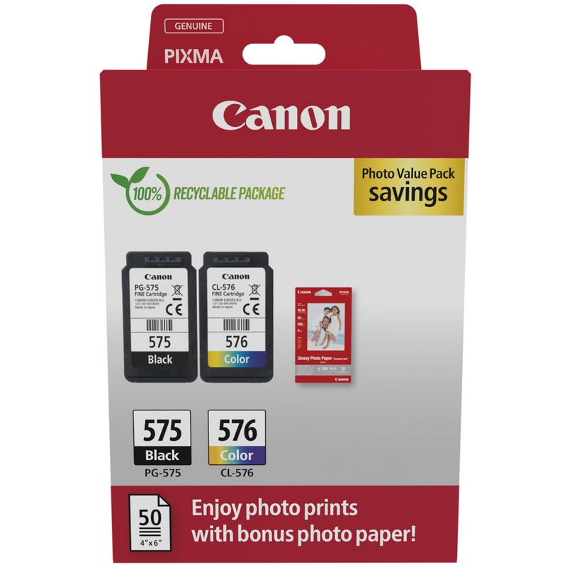 Canon 5438C004 - Pack cartouches d’encre d’origine PG-575 noire et CL-576 couleurs avec 50 feuilles photo