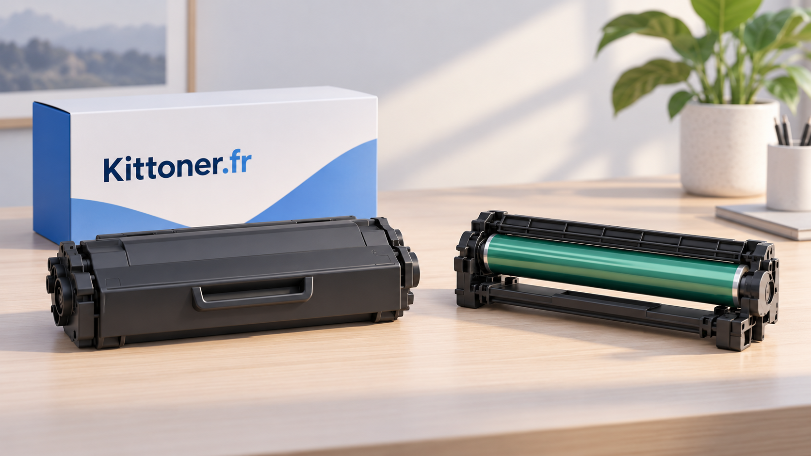 Illustration conceptuelle de deux consommables laser distincts et emballage générique Kittoner.fr