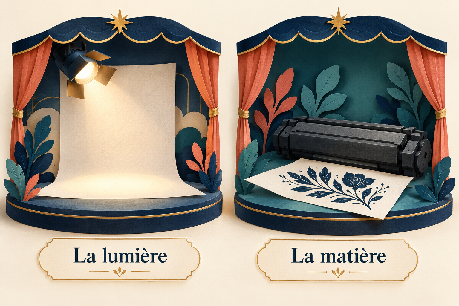 Métaphore illustrée séparant éclairage et matière imprimée sans mécanisme constructeur reproduit