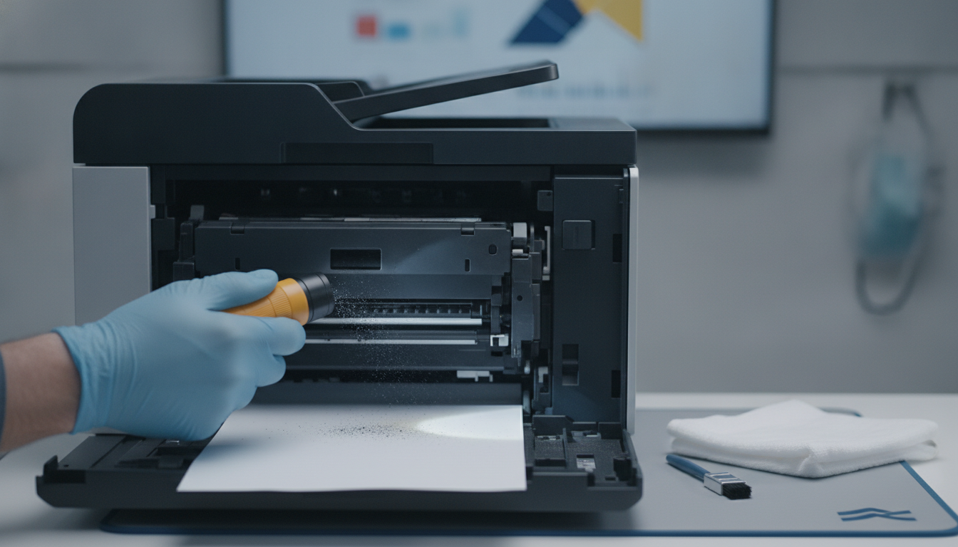 Zone d’inspection du compartiment toner - Une zone d’inspection autour du bac de toner démonté met en évidence les traces poudre et les zones à vérifier pour le diagnostic...