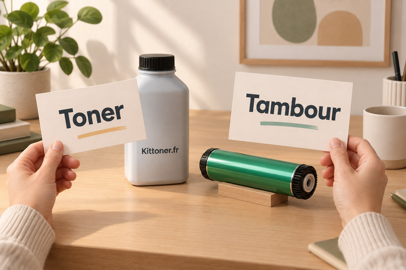 Illustration conceptuelle montrant les mentions Toner et Tambour avec un flacon générique Kittoner.fr