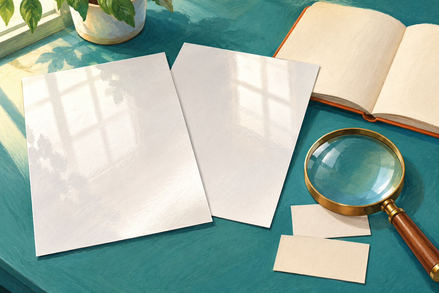 Illustration de deux feuilles brillantes et de fiches vierges sous une loupe