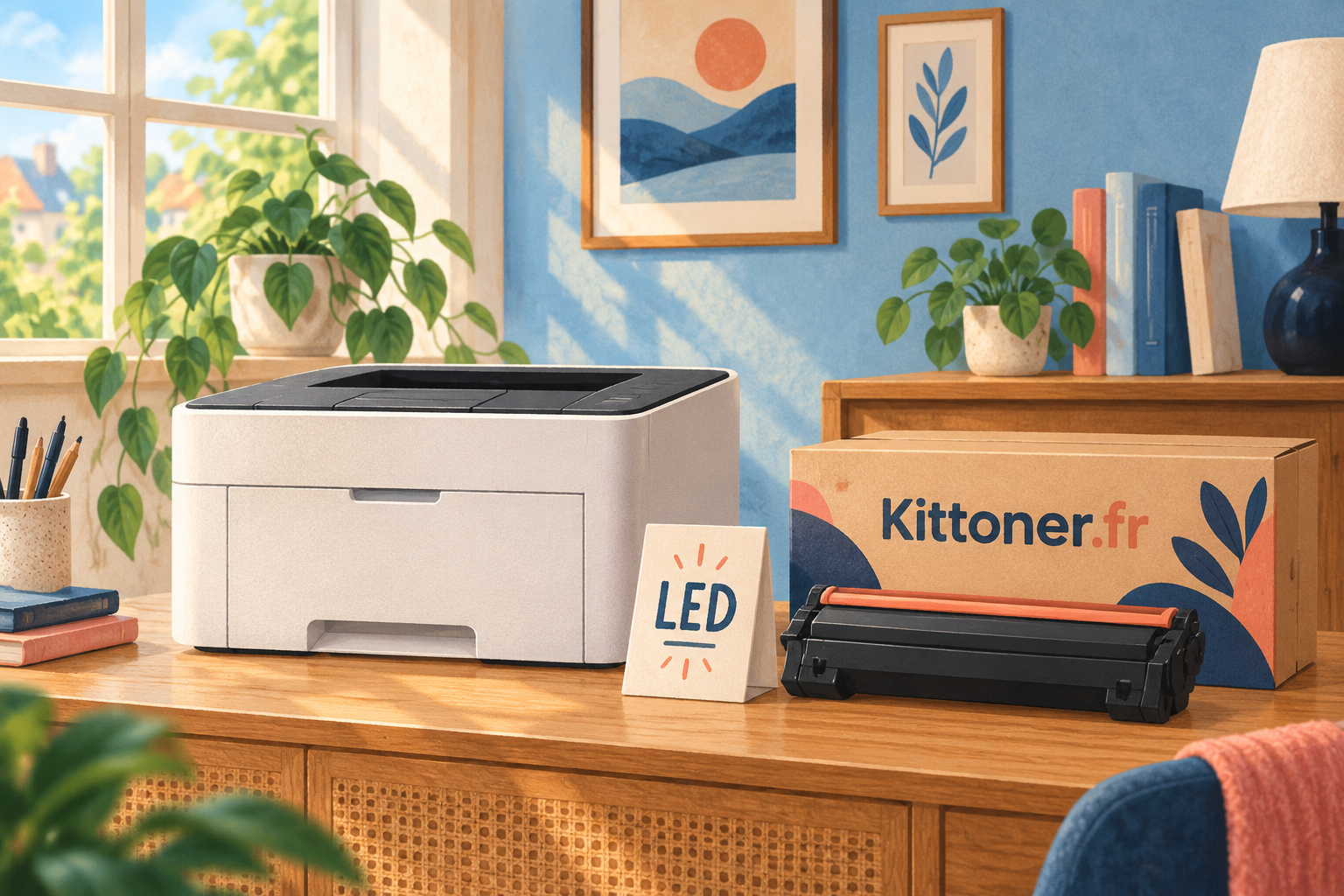 Scène illustrée avec imprimante générique fermée et boîte conceptuelle de toner Kittoner.fr